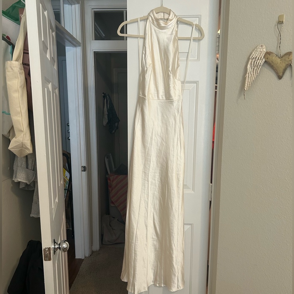 NWT Cream Satin halter dress with pearl straps